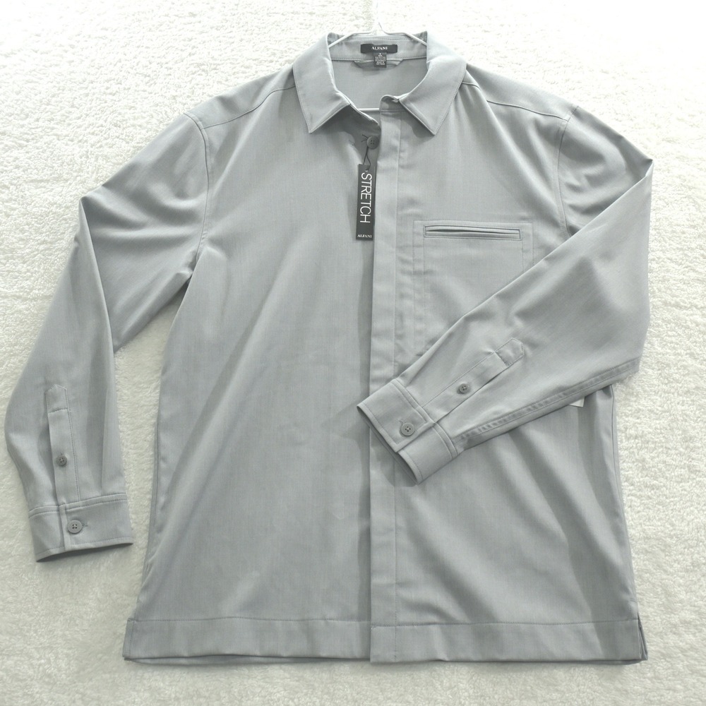 Alfani Mens Stretch Long Sleeve Hidden Button Down Shirt Grey Small New